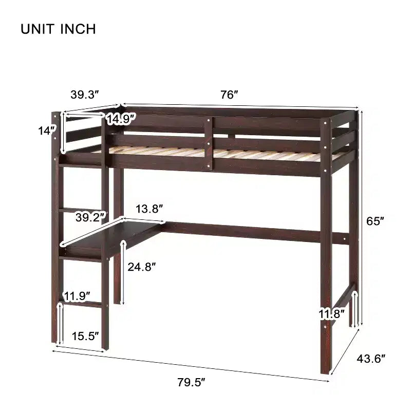 Letto a soppalco in legno di caucciù (Hevea) matrimoniale da 78,60''L 41,40''W con scaletta, ringhiera di sicurezza e scrivania integrata