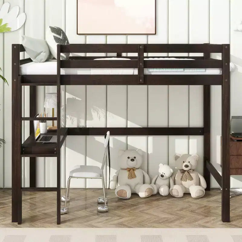 Letto a soppalco in legno di caucciù (Hevea) matrimoniale da 78,60''L 41,40''W con scaletta, ringhiera di sicurezza e scrivania integrata