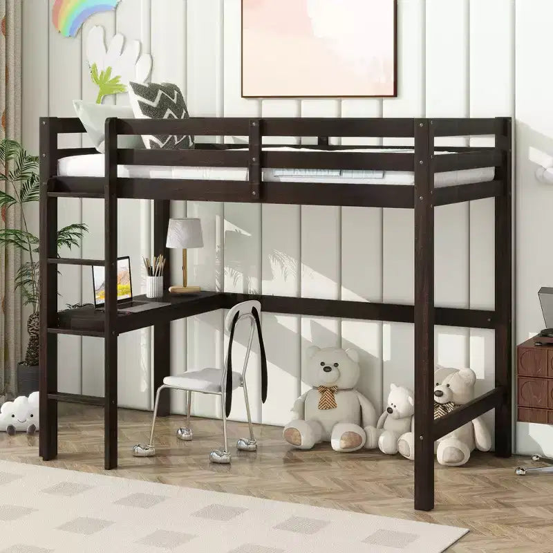 Letto a soppalco in legno di caucciù (Hevea) matrimoniale da 78,60''L 41,40''W con scaletta, ringhiera di sicurezza e scrivania integrata