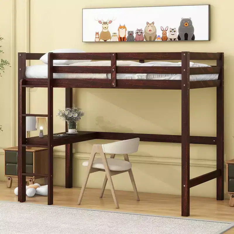 Letto a soppalco in legno di caucciù (Hevea) matrimoniale da 78,60''L 41,40''W con scaletta, ringhiera di sicurezza e scrivania integrata
