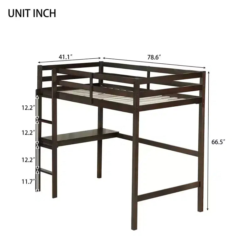 Letto a soppalco in legno di caucciù (Hevea) matrimoniale da 78,60''L 41,40''W con scaletta, ringhiera di sicurezza e scrivania integrata