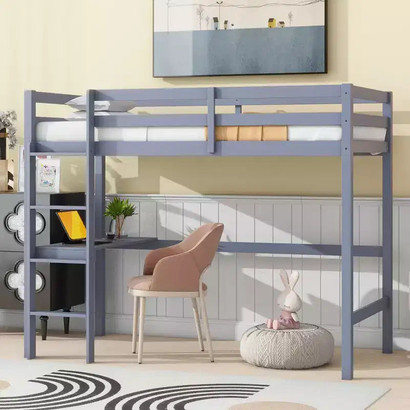 Letto a soppalco in legno di caucciù (Hevea) matrimoniale da 78,60''L 41,40''W con scaletta, ringhiera di sicurezza e scrivania integrata