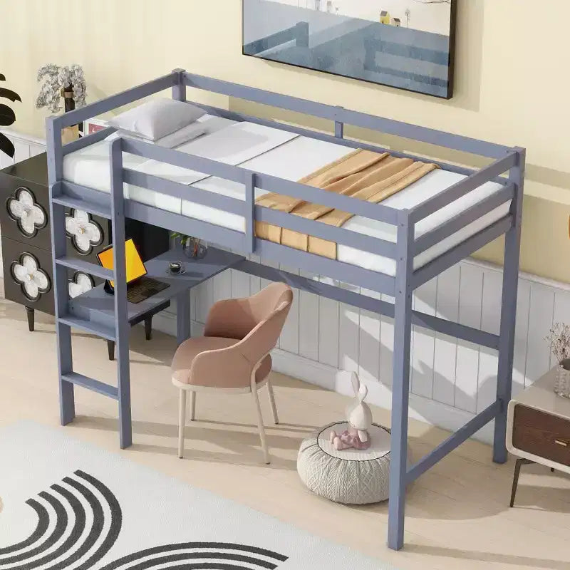 Letto a soppalco in legno di caucciù (Hevea) matrimoniale da 78,60''L 41,40''W con scaletta, ringhiera di sicurezza e scrivania integrata
