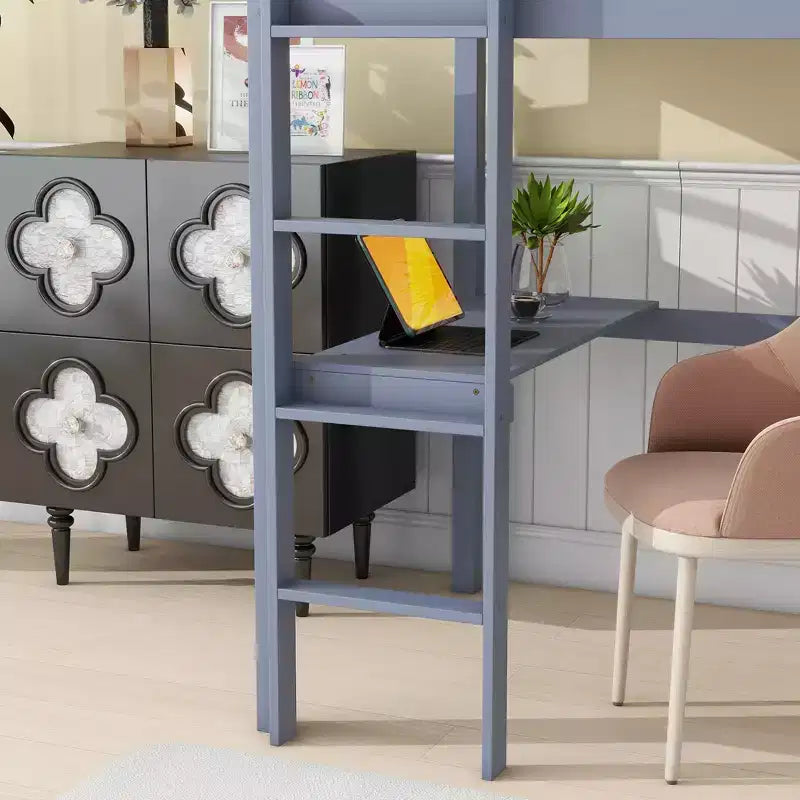 Letto a soppalco in legno di caucciù (Hevea) matrimoniale da 78,60''L 41,40''W con scaletta, ringhiera di sicurezza e scrivania integrata
