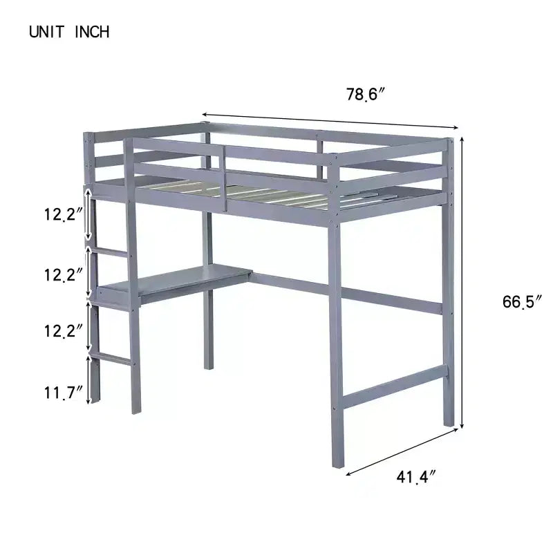 Letto a soppalco in legno di caucciù (Hevea) matrimoniale da 78,60''L 41,40''W con scaletta, ringhiera di sicurezza e scrivania integrata