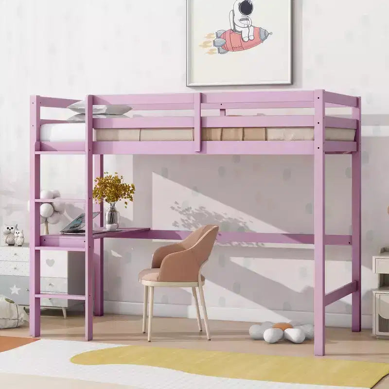 Letto a soppalco in legno di caucciù (Hevea) matrimoniale da 78,60''L 41,40''W con scaletta, ringhiera di sicurezza e scrivania integrata