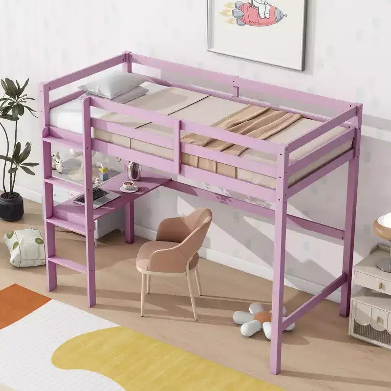 Letto a soppalco in legno di caucciù (Hevea) matrimoniale da 78,60''L 41,40''W con scaletta, ringhiera di sicurezza e scrivania integrata
