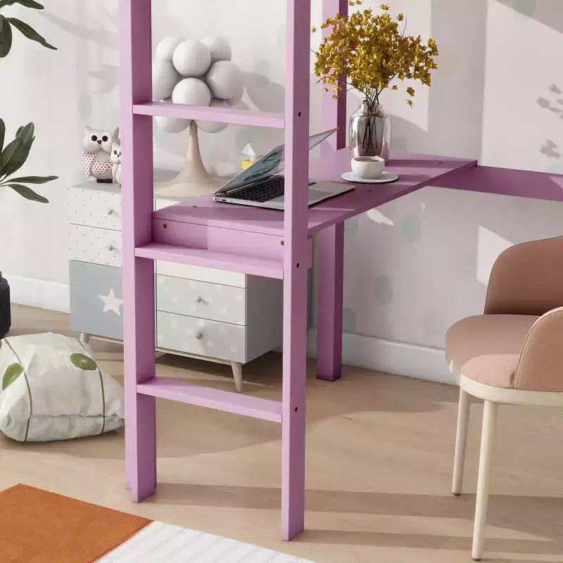 Letto a soppalco in legno di caucciù (Hevea) matrimoniale da 78,60''L 41,40''W con scaletta, ringhiera di sicurezza e scrivania integrata