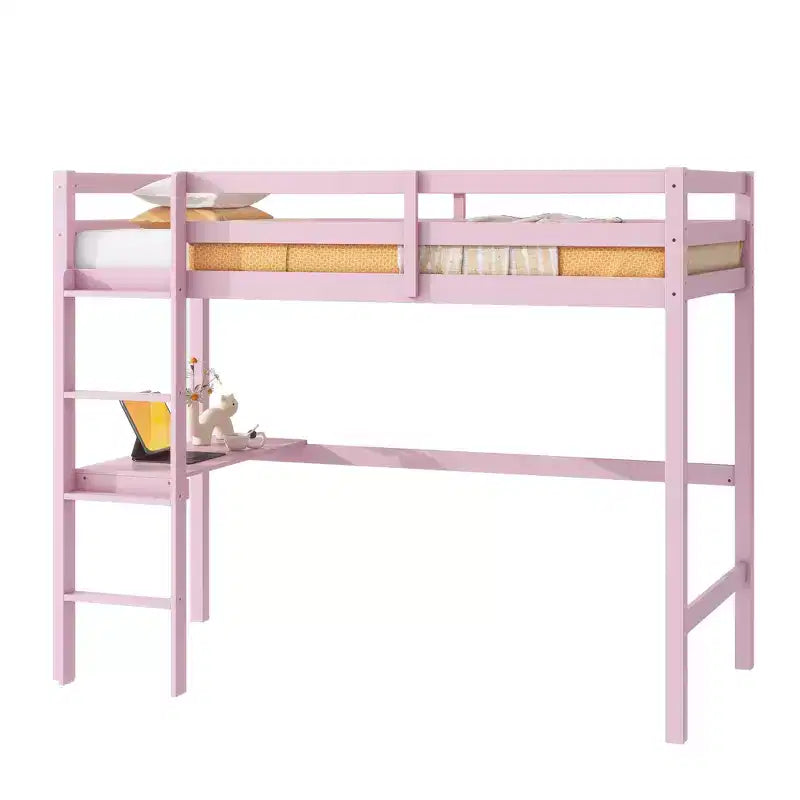 Letto a soppalco in legno di caucciù (Hevea) matrimoniale da 78,60''L 41,40''W con scaletta, ringhiera di sicurezza e scrivania integrata