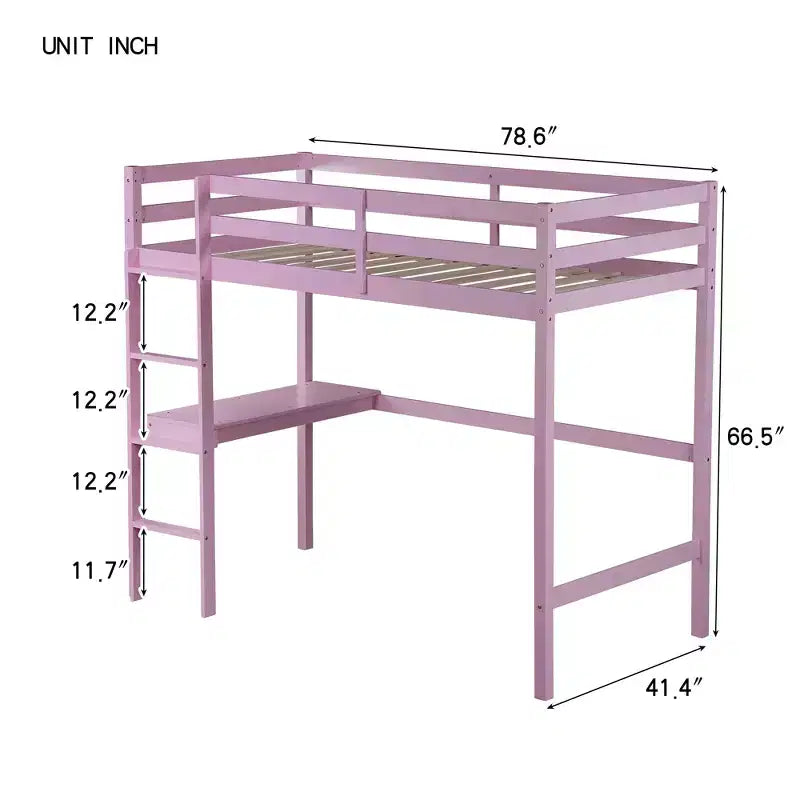 Letto a soppalco in legno di caucciù (Hevea) matrimoniale da 78,60''L 41,40''W con scaletta, ringhiera di sicurezza e scrivania integrata