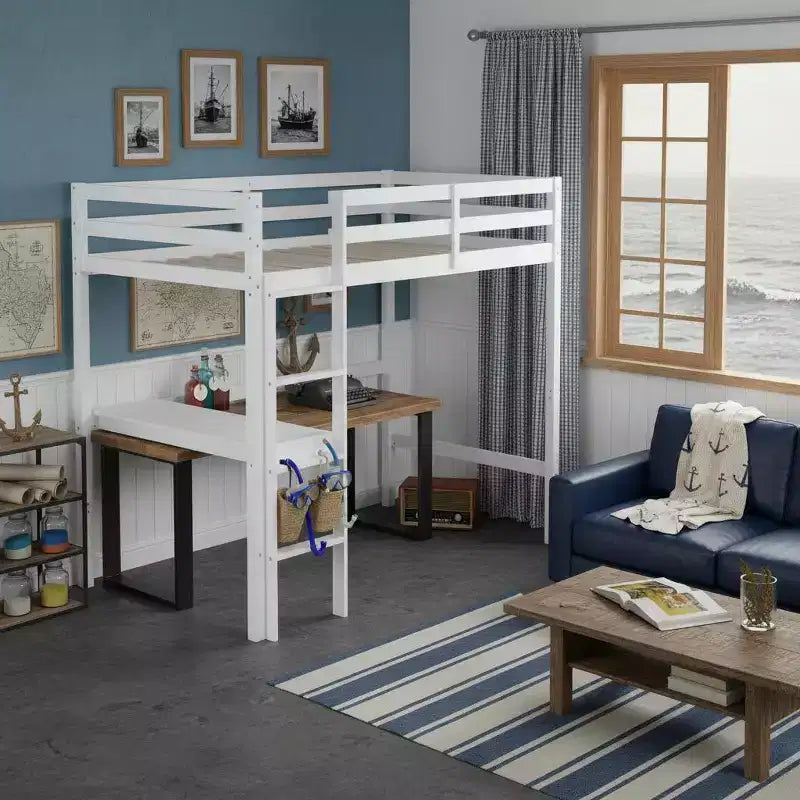 Letto a soppalco in legno di caucciù (Hevea) matrimoniale da 78,60''L 41,40''W con scaletta, ringhiera di sicurezza e scrivania integrata