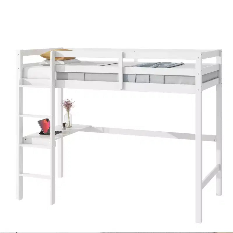 Letto a soppalco in legno di caucciù (Hevea) matrimoniale da 78,60''L 41,40''W con scaletta, ringhiera di sicurezza e scrivania integrata