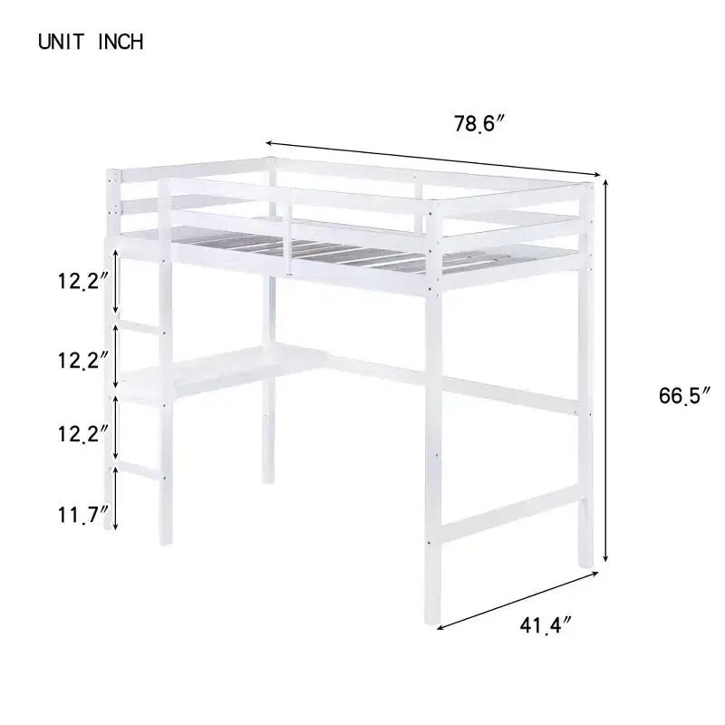 Letto a soppalco in legno di caucciù (Hevea) matrimoniale da 78,60''L 41,40''W con scaletta, ringhiera di sicurezza e scrivania integrata