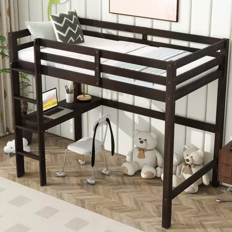Letto a soppalco in legno di caucciù (Hevea) matrimoniale da 78,60''L 41,40''W con scaletta, ringhiera di sicurezza e scrivania integrata