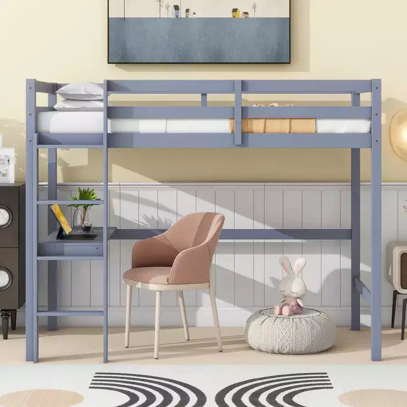 Letto a soppalco in legno di caucciù (Hevea) matrimoniale da 78,60''L 41,40''W con scaletta, ringhiera di sicurezza e scrivania integrata
