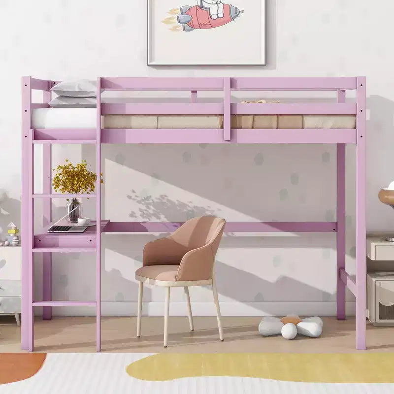 Letto a soppalco in legno di caucciù (Hevea) matrimoniale da 78,60''L 41,40''W con scaletta, ringhiera di sicurezza e scrivania integrata