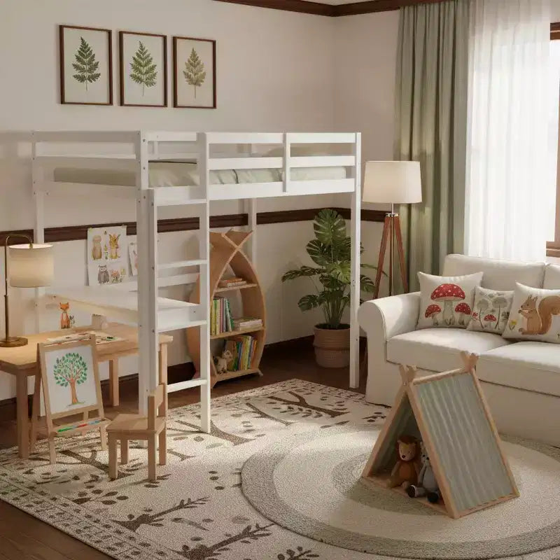 Letto a soppalco in legno di caucciù (Hevea) matrimoniale da 78,60''L 41,40''W con scaletta, ringhiera di sicurezza e scrivania integrata