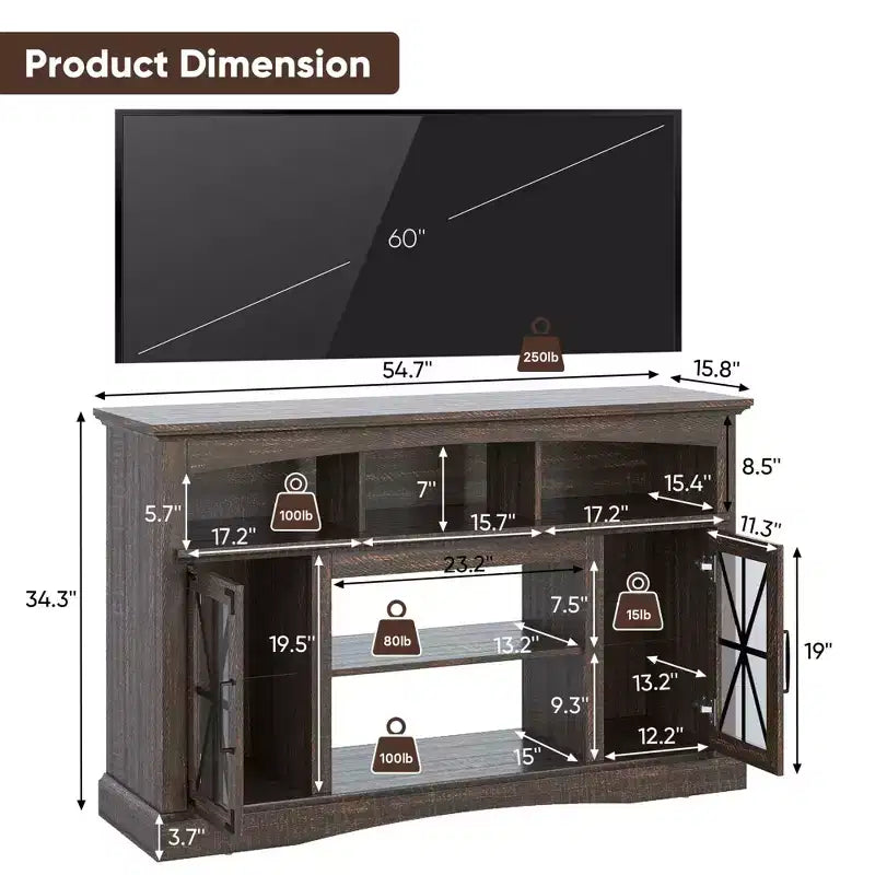 Mobile porta TV da 55'' con ante in vetro e luci LED, Centro multimediale con ripiani regolabili per caminetto da 23'', per soggiorno