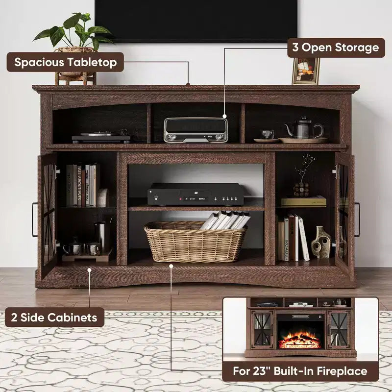 Mobile porta TV da 55'' con ante in vetro e luci LED, Centro multimediale con ripiani regolabili per caminetto da 23'', per soggiorno