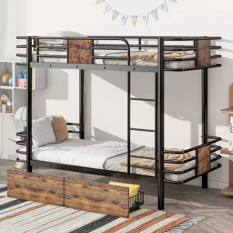 Twin XL over Twin XL Metal Bunk Bed with 2 Storage Drawers, Ladder and Safety Guardrails, Black/Silver-ModernLuxe