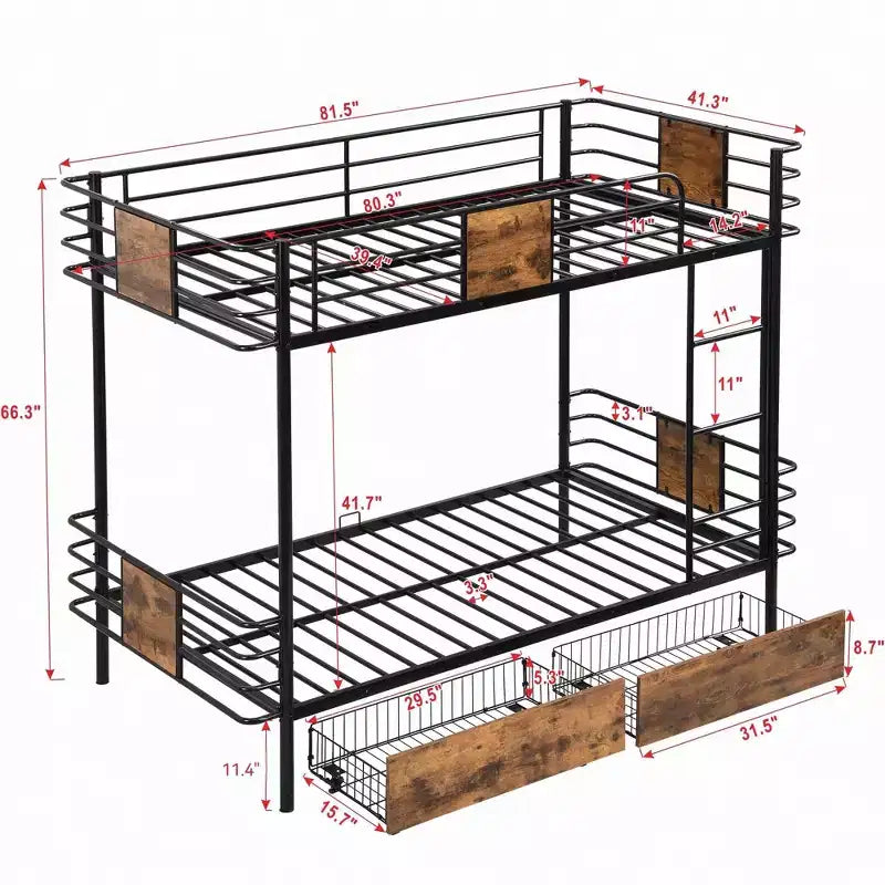 Letto a Castello in Metallo Twin XL su Twin XL con 2 Cassetti Contenitore, Scala e Sponde di Sicurezza, Nero/Argento