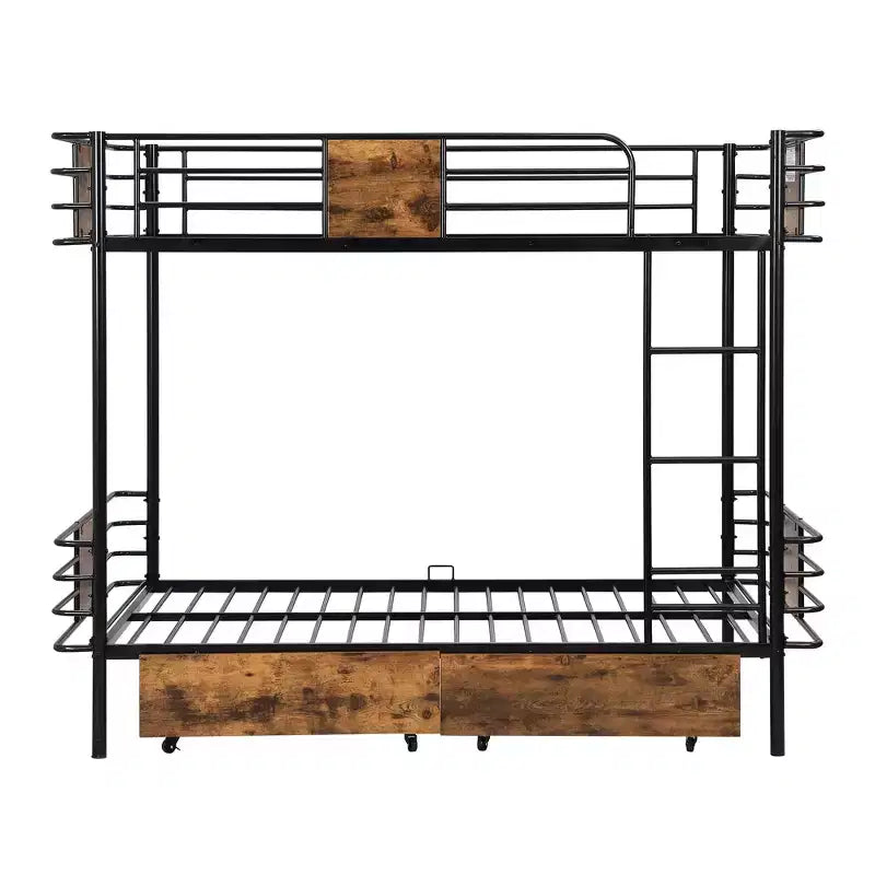 Letto a Castello in Metallo Twin XL su Twin XL con 2 Cassetti Contenitore, Scala e Sponde di Sicurezza, Nero/Argento