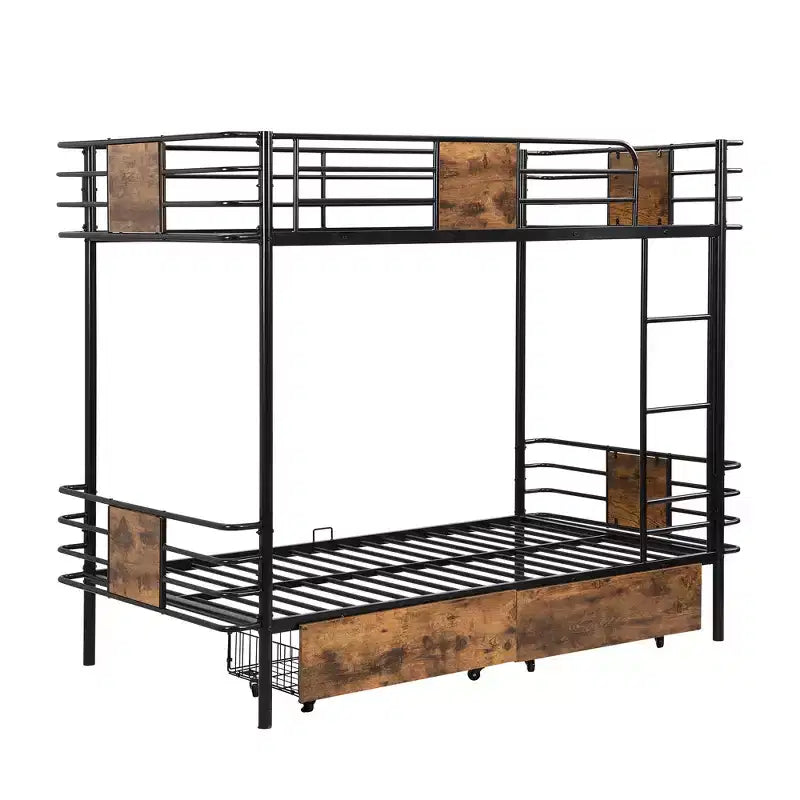 Letto a Castello in Metallo Twin XL su Twin XL con 2 Cassetti Contenitore, Scala e Sponde di Sicurezza, Nero/Argento