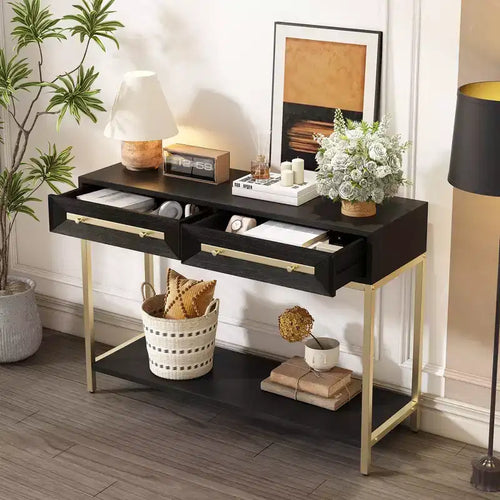 Consolle da 45,5W, Tavolino d'ingresso con due cassetti, Tavolo da corridoio retrò con sorprendente design geometrico