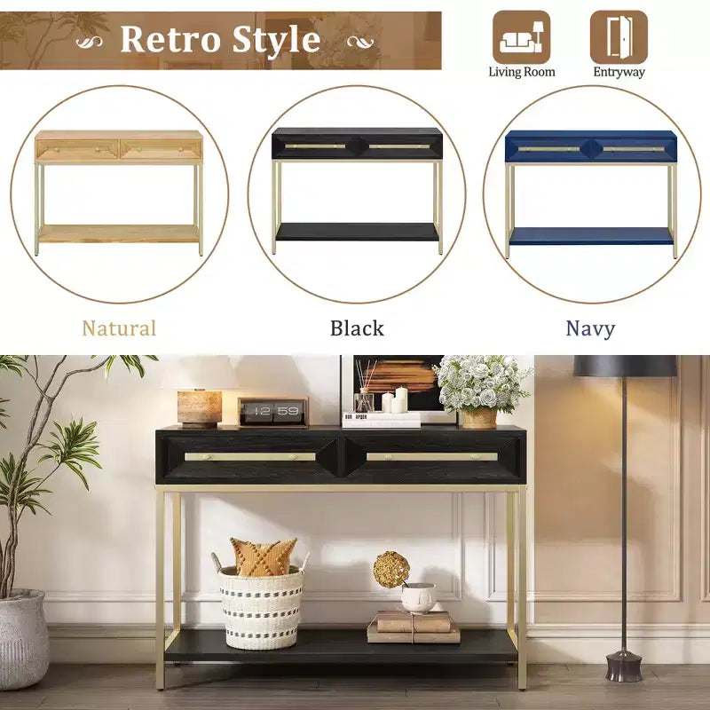 Consolle da 45,5W, Tavolino d'ingresso con due cassetti, Tavolo da corridoio retrò con sorprendente design geometrico