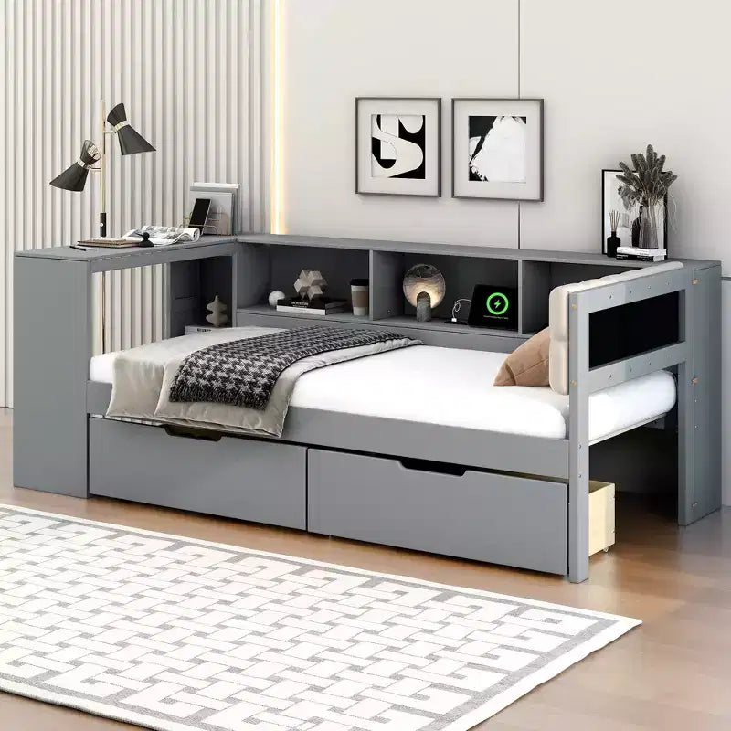 Letto a piattaforma Twin/Full Size con ripiani, cassetti, stazione di ricarica, testiera imbottita e scrivania, crema/grigio
