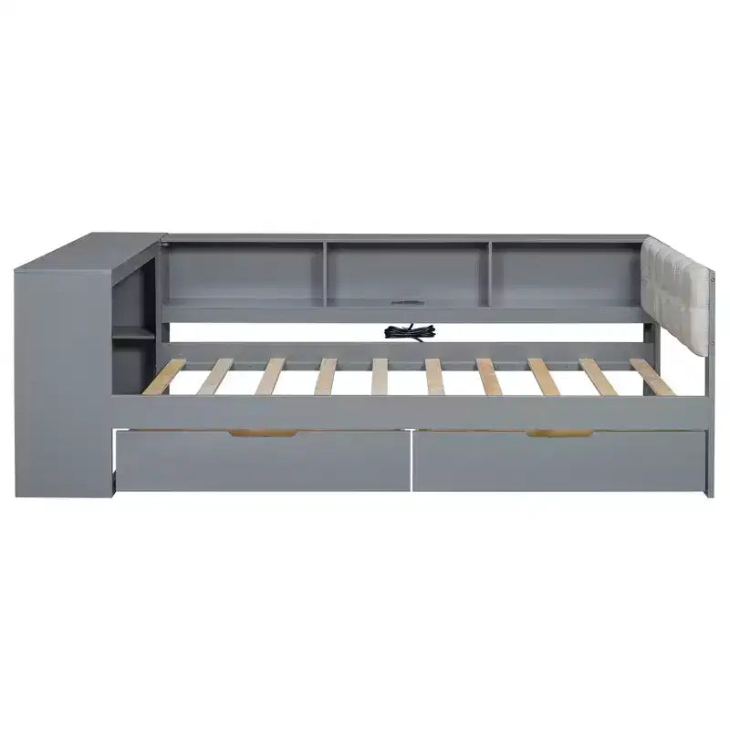 Letto a piattaforma Twin/Full Size con ripiani, cassetti, stazione di ricarica, testiera imbottita e scrivania, crema/grigio