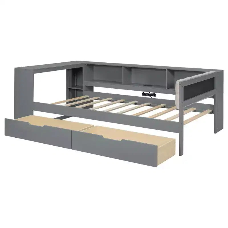 Letto a piattaforma Twin/Full Size con ripiani, cassetti, stazione di ricarica, testiera imbottita e scrivania, crema/grigio