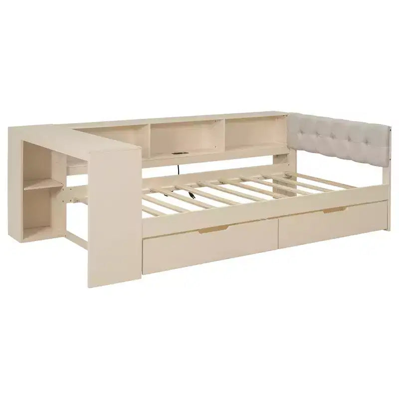 Letto a piattaforma Twin/Full Size con ripiani, cassetti, stazione di ricarica, testiera imbottita e scrivania, crema/grigio