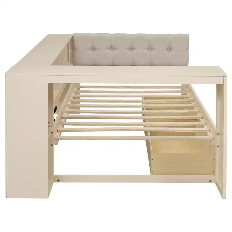 Letto a piattaforma Twin/Full Size con ripiani, cassetti, stazione di ricarica, testiera imbottita e scrivania, crema/grigio