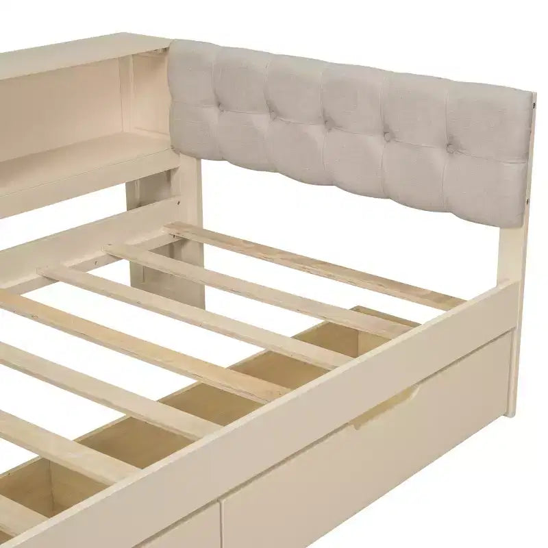 Letto a piattaforma Twin/Full Size con ripiani, cassetti, stazione di ricarica, testiera imbottita e scrivania, crema/grigio