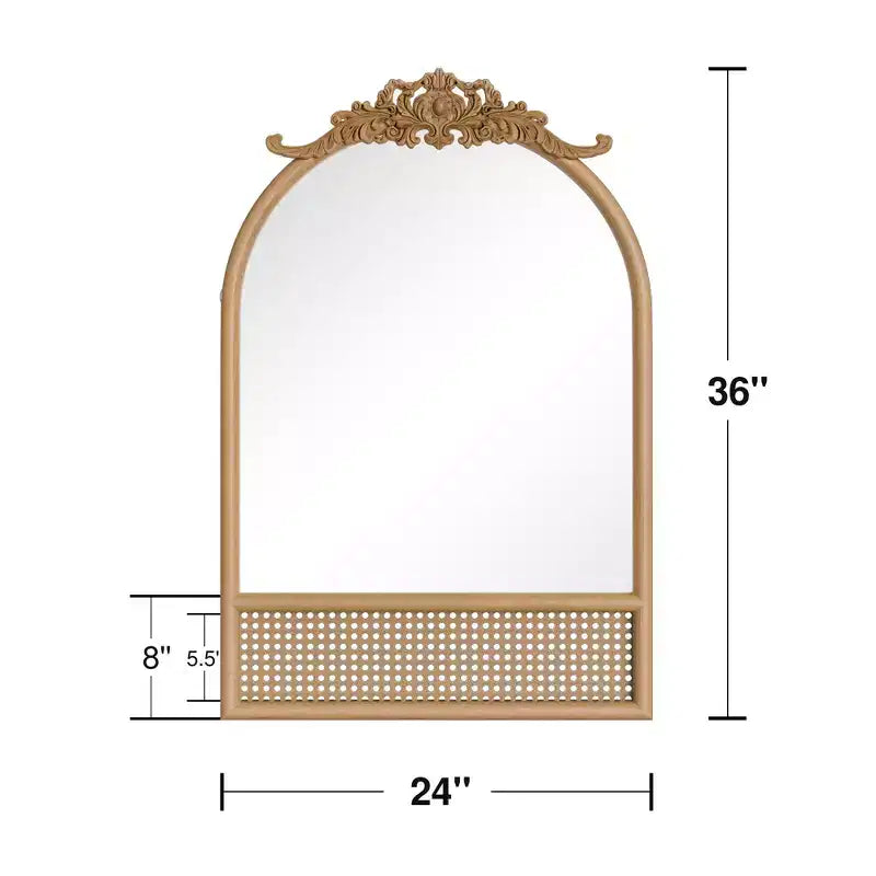 Specchio da parete ad arco intagliato in rattan intrecciato con base in legno naturale