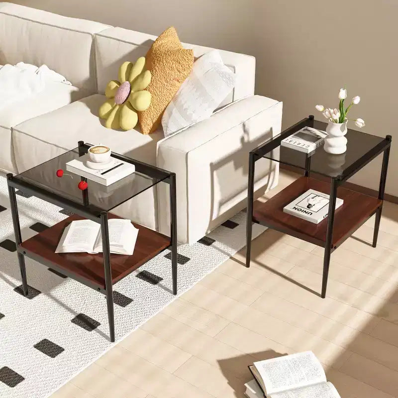 MAYEERTY Set of 2 Rectangle End Table with Tempered Glass Tabletop, for Living Room, Gray Glass