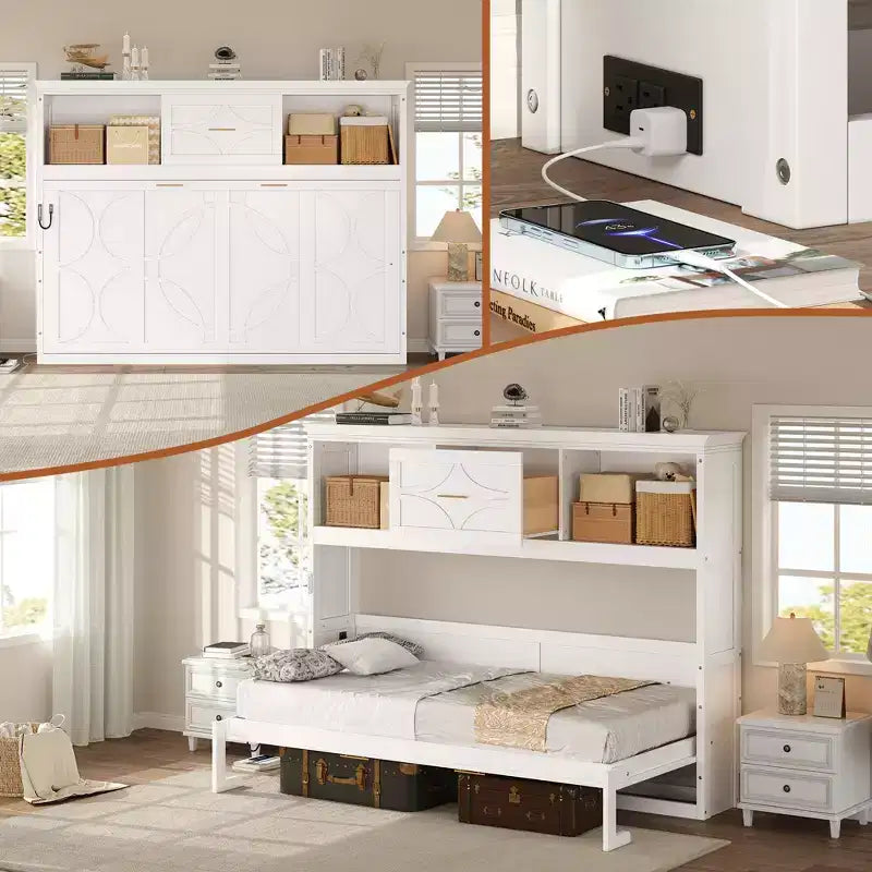Letto a scomparsa singolo con mensole portaoggetti, letto a scomparsa singolo in legno con stazione di ricarica e cassetto, letto a cassettone pieghevole per camera degli ospiti