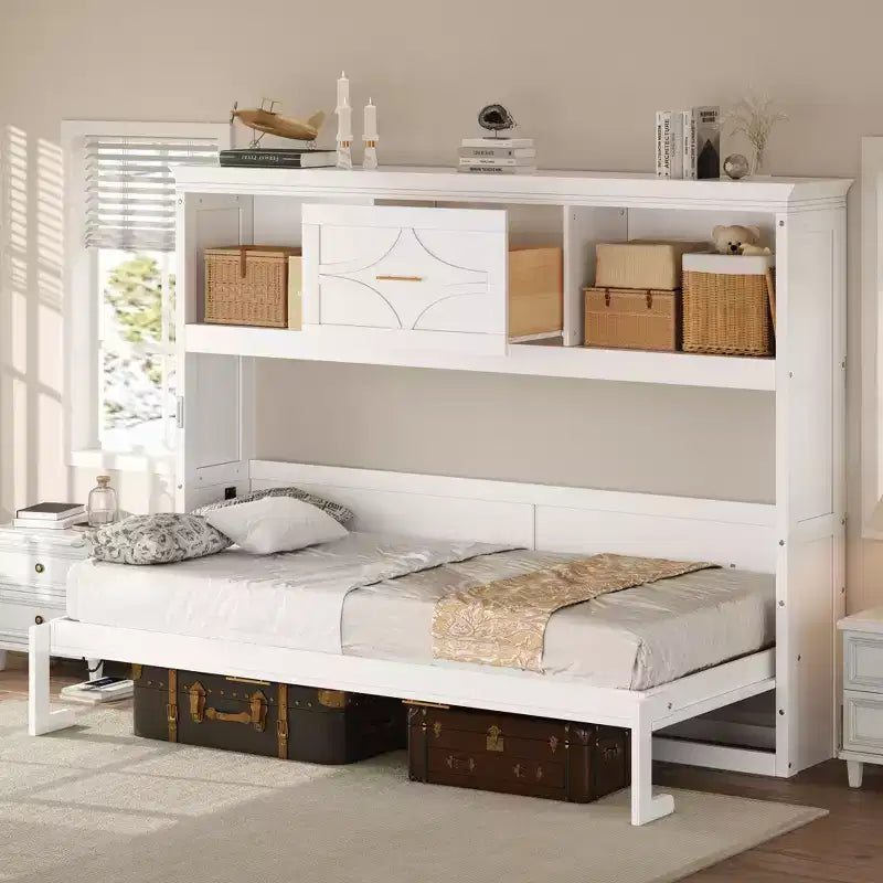 Letto a scomparsa singolo con mensole portaoggetti, letto a scomparsa singolo in legno con stazione di ricarica e cassetto, letto a cassettone pieghevole per camera degli ospiti