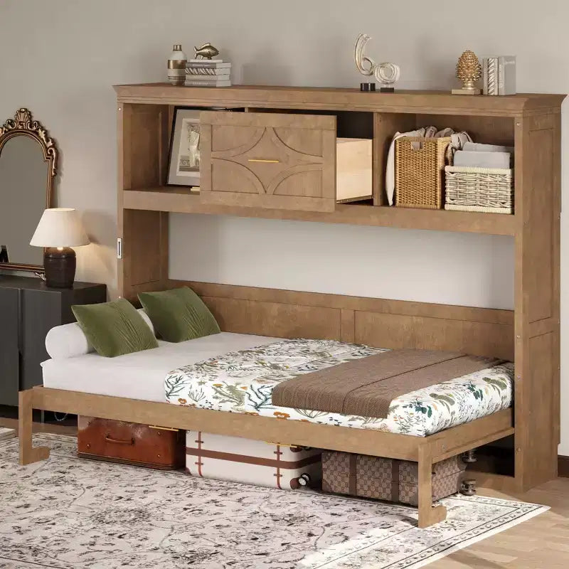 Letto a scomparsa singolo con mensole portaoggetti, letto a scomparsa singolo in legno con stazione di ricarica e cassetto, letto a cassettone pieghevole per camera degli ospiti