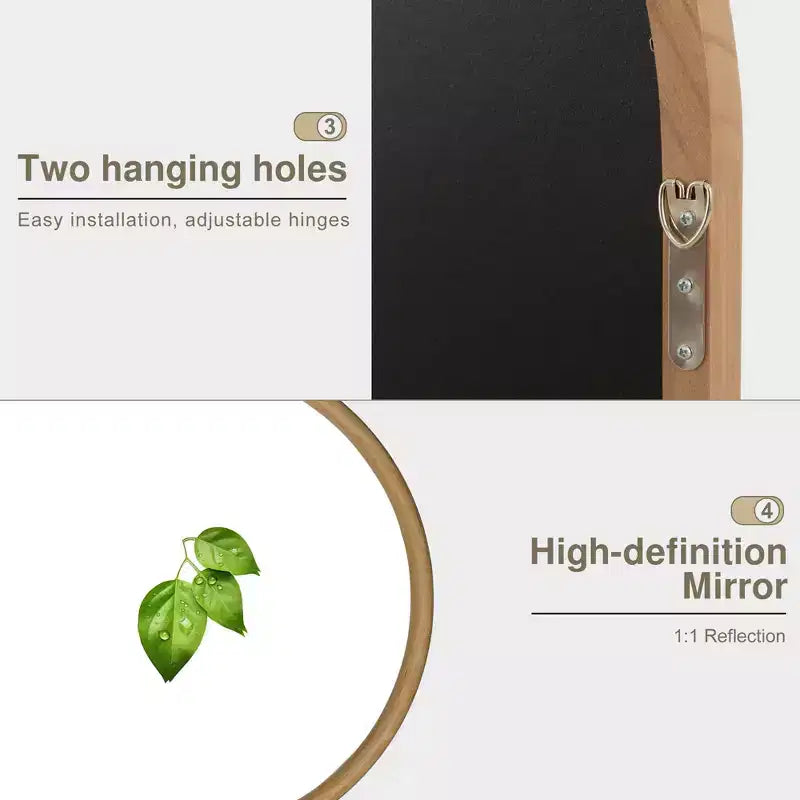 Specchio a figura intera 71x37 in rattan con cornice in legno massello ad arco e specchio HD, con cornice in legno arrotondata e ispessita per camera da letto, ingresso, soggiorno, guardaroba