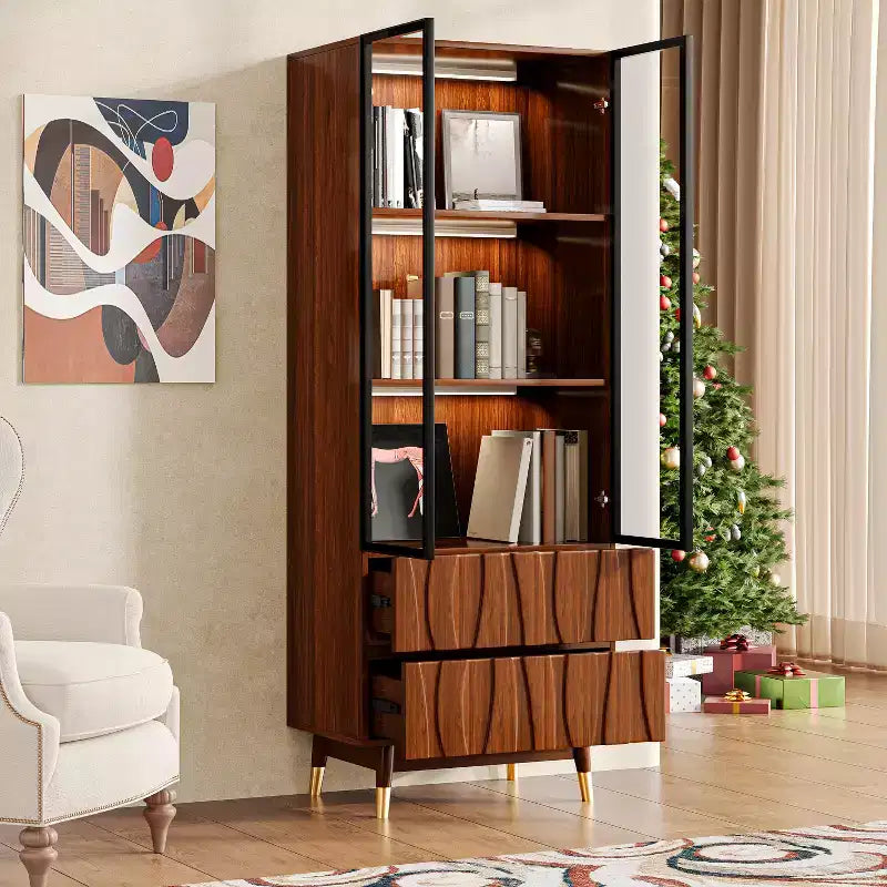 23,6'' Vetrina Marrone Noce a 3 Ripiani in Vetro con Cassetti, Credenza Moderna in Legno Stile Mid-Century per Casa e Ufficio
