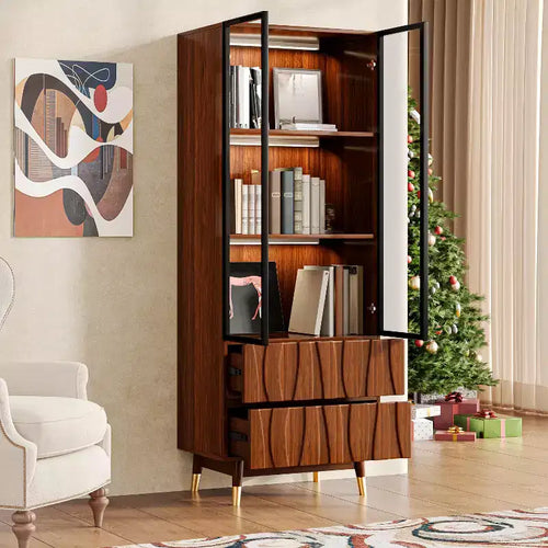 23,6'' Vetrina Marrone Noce a 3 Ripiani in Vetro con Cassetti, Credenza Moderna in Legno Stile Mid-Century per Casa e Ufficio