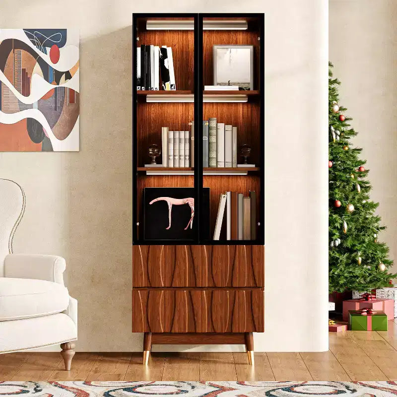 23,6'' Vetrina Marrone Noce a 3 Ripiani in Vetro con Cassetti, Credenza Moderna in Legno Stile Mid-Century per Casa e Ufficio