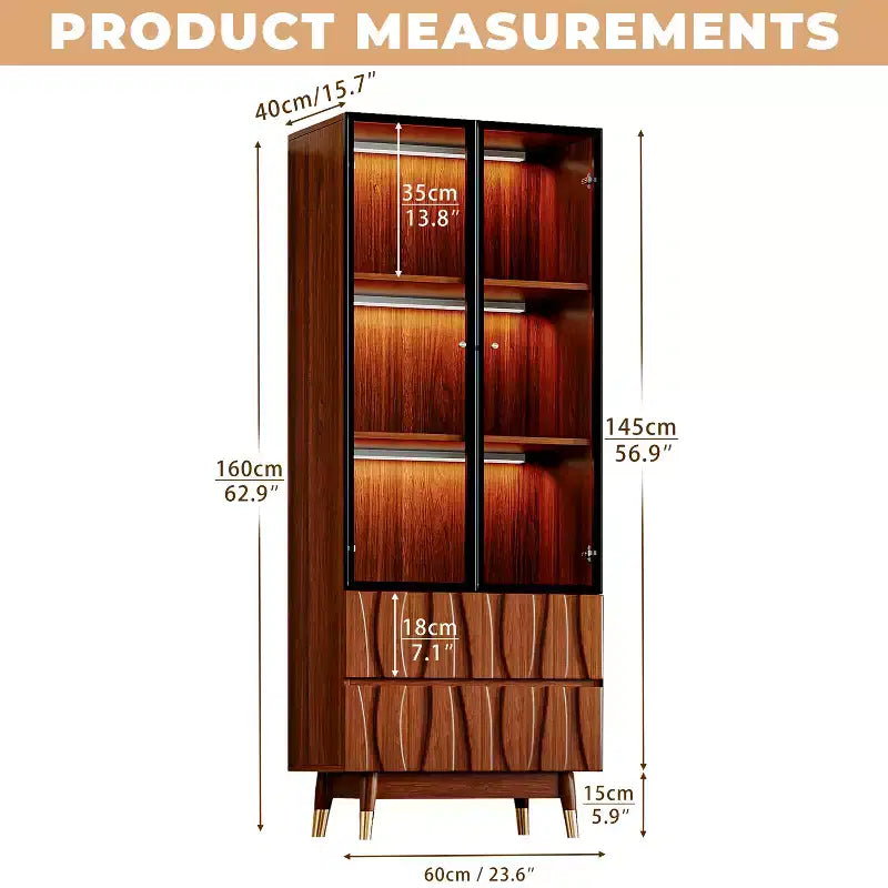 23,6'' Vetrina Marrone Noce a 3 Ripiani in Vetro con Cassetti, Credenza Moderna in Legno Stile Mid-Century per Casa e Ufficio