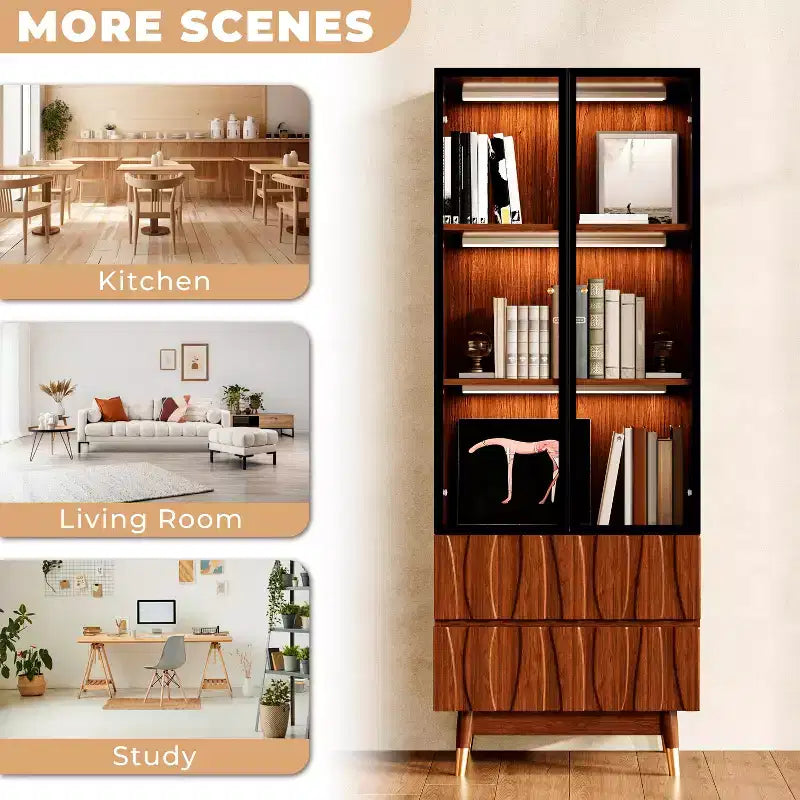 23,6'' Vetrina Marrone Noce a 3 Ripiani in Vetro con Cassetti, Credenza Moderna in Legno Stile Mid-Century per Casa e Ufficio
