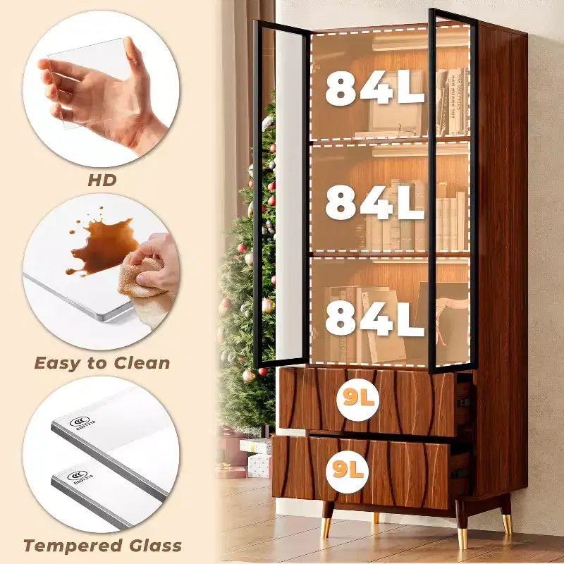 23,6'' Vetrina Marrone Noce a 3 Ripiani in Vetro con Cassetti, Credenza Moderna in Legno Stile Mid-Century per Casa e Ufficio