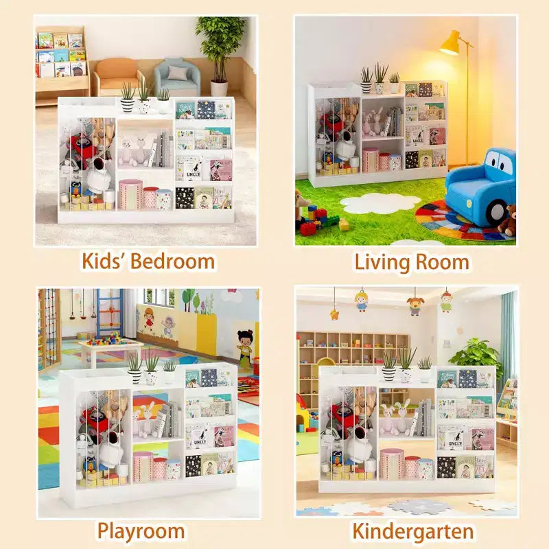 Libreria per bambini e organizer per giocattoli, espositore a 4 ripiani per libri con 3 ripiani per giocattoli e contenitore per animali di peluche, bianco
