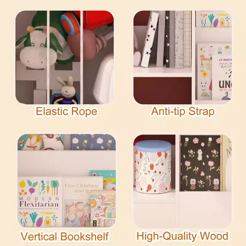 Libreria per bambini e organizer per giocattoli, espositore a 4 ripiani per libri con 3 ripiani per giocattoli e contenitore per animali di peluche, bianco