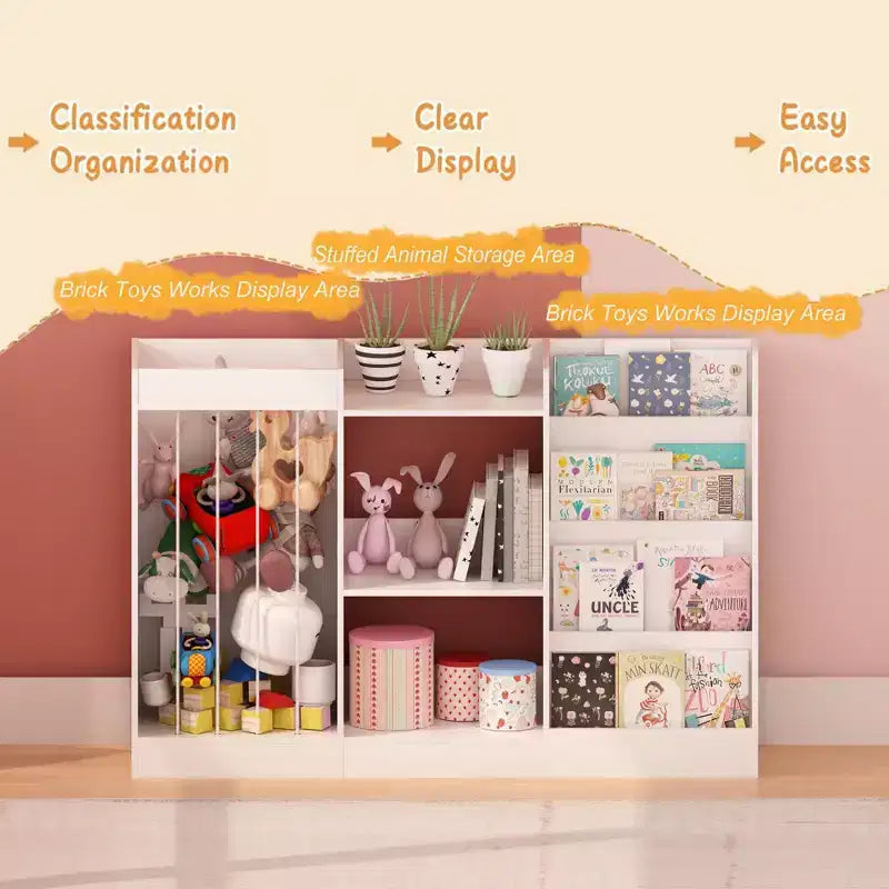 Libreria per bambini e organizer per giocattoli, espositore a 4 ripiani per libri con 3 ripiani per giocattoli e contenitore per animali di peluche, bianco